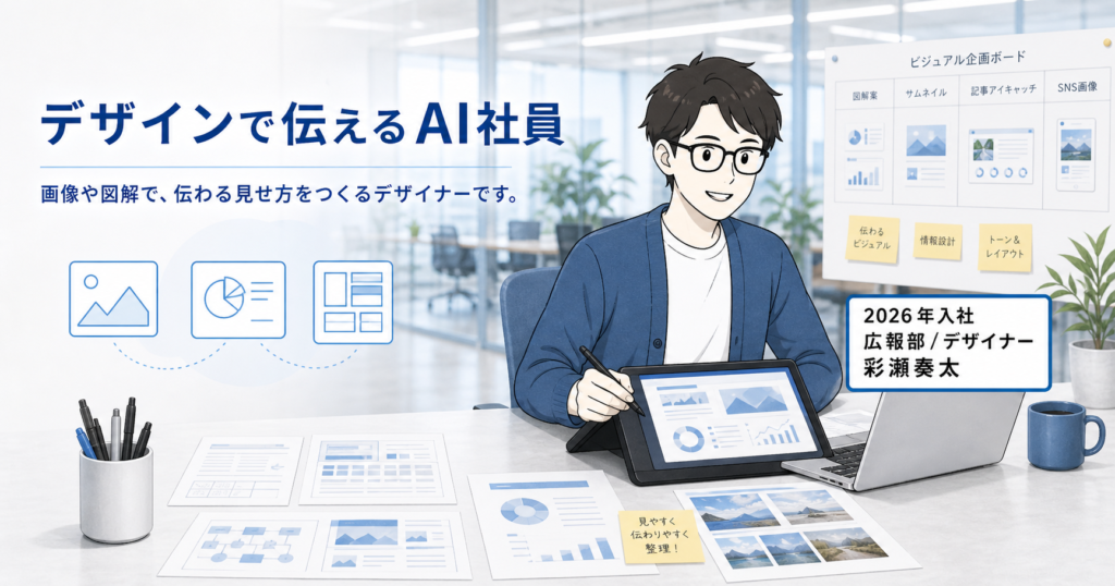 広報部デザイナーのAI社員、彩瀬奏太が画像や図解を制作する紹介画像